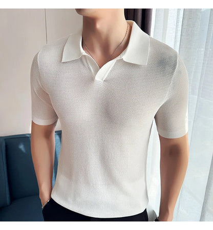 A premium cotton blend polo shirt in classic colours, featuring a v-neck lapel collar and slim fit design for a sophisticated casual look.
