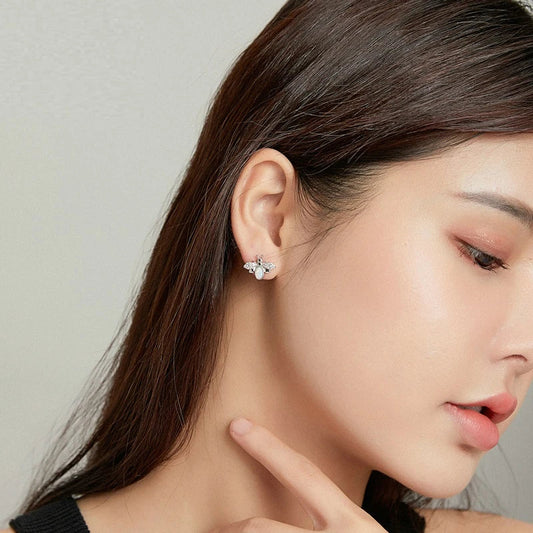 Charming Bee Stud Earrings with 925 sterling silver, white gold plating, and sparkling zircon and opal accents