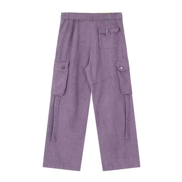 Premium purple streetwear cargo jeans with multiple pockets, wide-leg silhouette, and zippered placket for adjustable fit