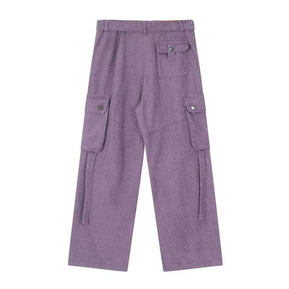 Premium purple streetwear cargo jeans with multiple pockets, wide-leg silhouette, and zippered placket for adjustable fit