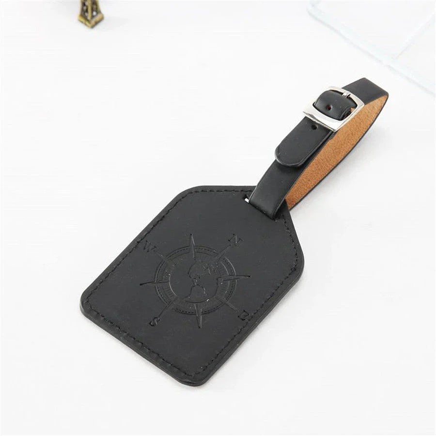 Compass Leather Luggage Tag with Geometric Pattern, Durable PU Leather, and Clear Identification Window