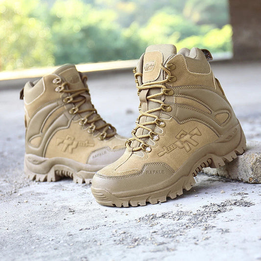 Sturdy, high-performance outdoor combat boots with premium double-sided velvet and leather construction for rugged adventures