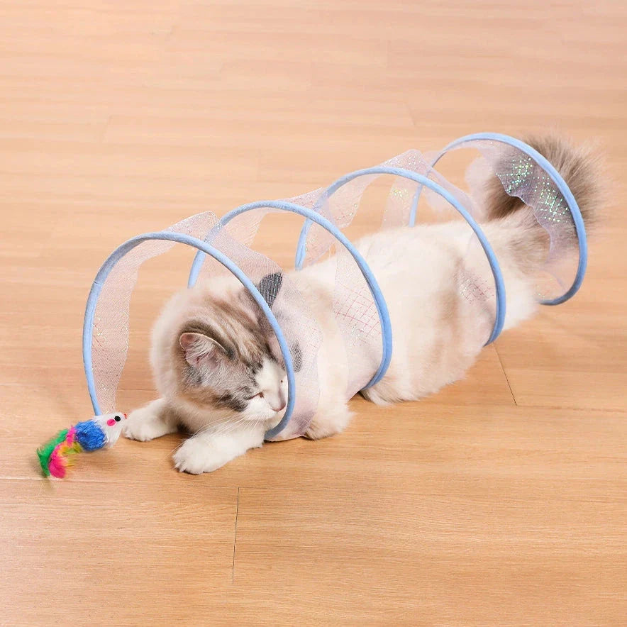 Interactive foldable cat tunnel with soft feather toys and hidden mouse, designed to engage and entertain your feline friend.