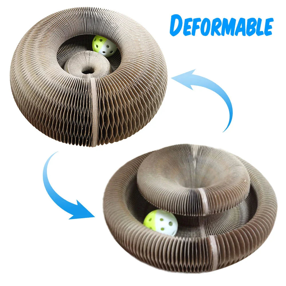 Premium Cat Scratch Board Toy made from durable corrugated cardboard with an interactive bell toy to engage and entertain your cat