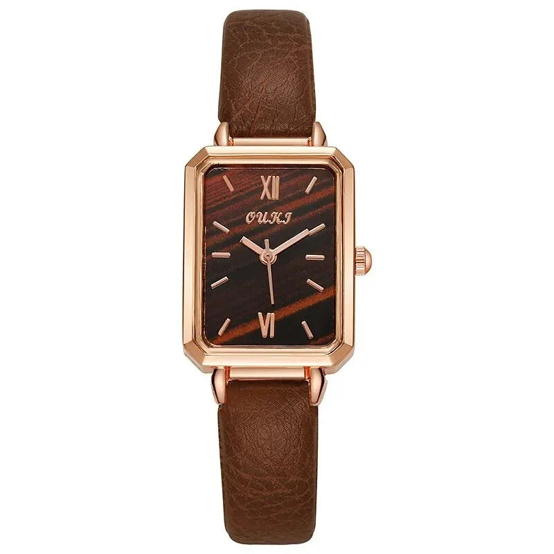 Refined square dial ladies watch with genuine leather strap, minimalist design, and durable aluminium alloy case