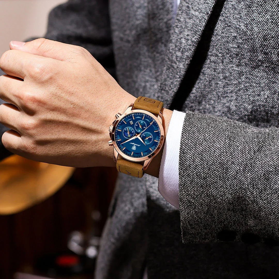 Premium Quartz Chronograph Sports Watch with stainless steel case, luminous hands, and adjustable leather strap