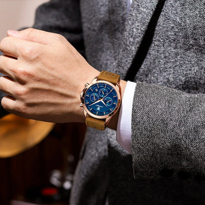 Premium Quartz Chronograph Sports Watch with stainless steel case, luminous hands, and adjustable leather strap