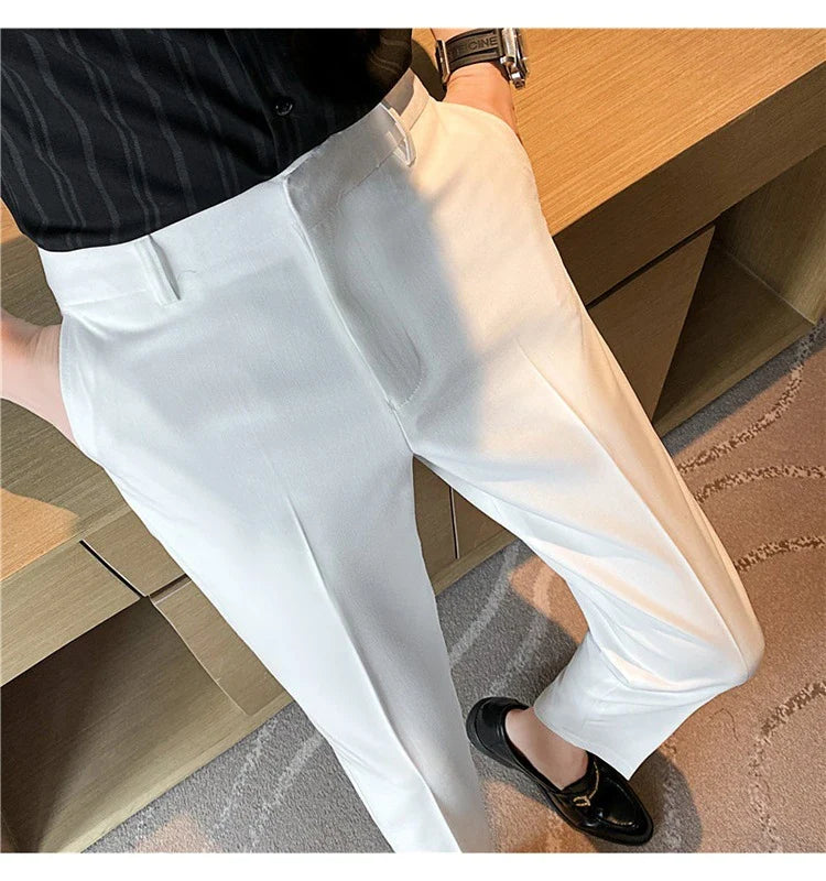 Premium men's suit trousers in a variety of colours, featuring a subtle textured drape and exceptional stretch for all-day comfort and style.