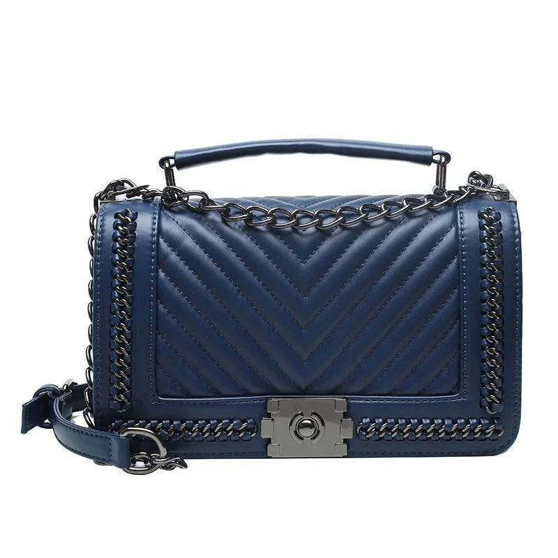 Fashionable leather messenger bag with chain strap in a range of vibrant colours, designed for style and functionality