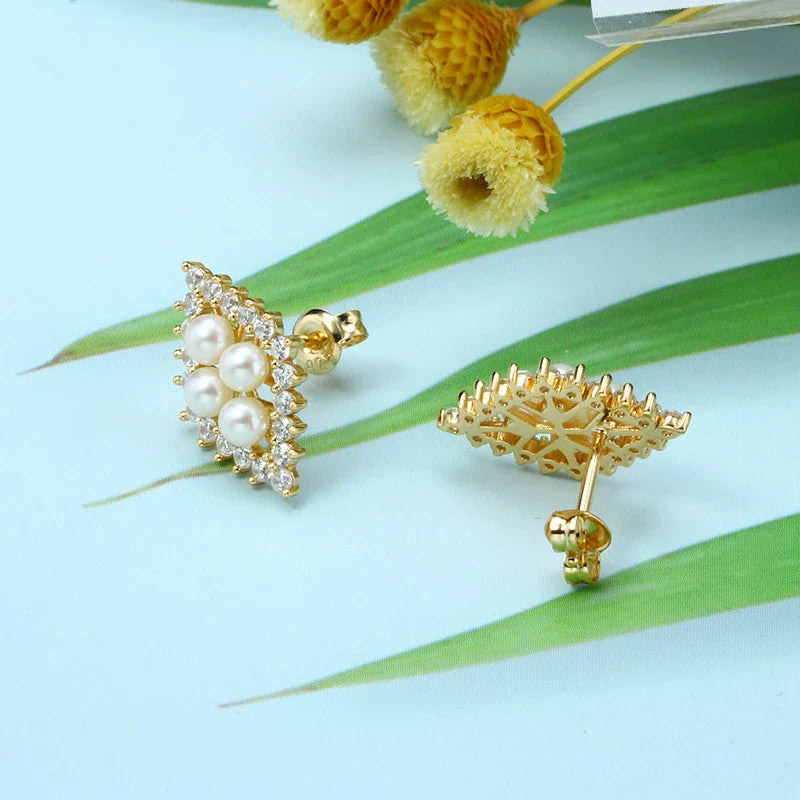 Elegant diamond-shaped natural pearl earrings for women, showcasing a retro-inspired design and high-quality silver construction.