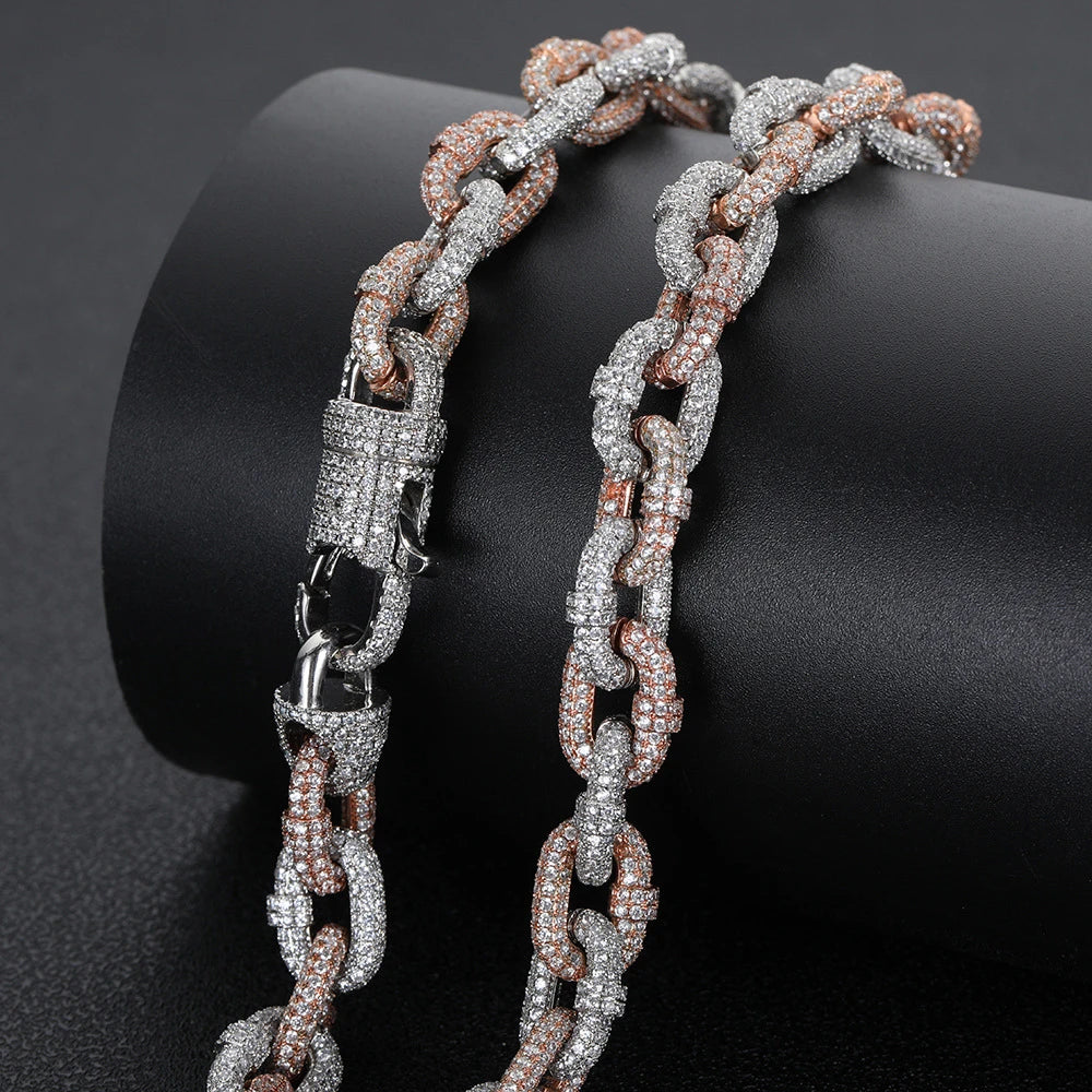 Premium two-tone copper necklace with inlaid zircon detailing and classic Cuban link chain design