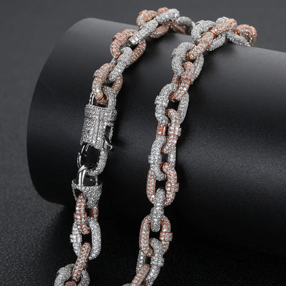 Premium two-tone copper necklace with inlaid zircon detailing and classic Cuban link chain design