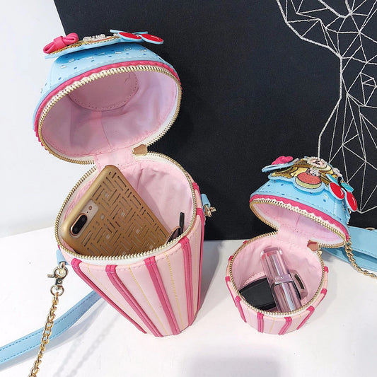 A stylish, ice cream-themed messenger bag with a vibrant print, durable PU leather construction, and a versatile bucket-style design.