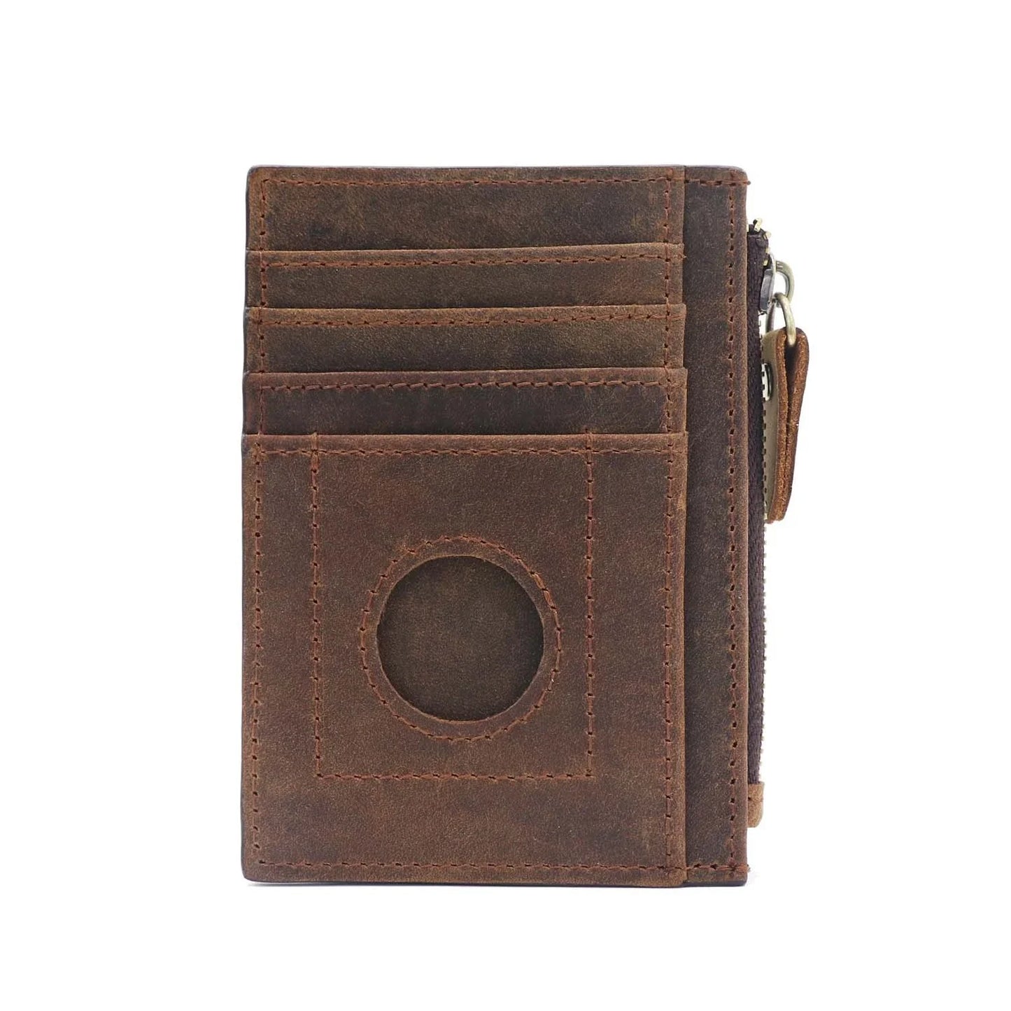 Premium cowhide leather wallet with concealed compartments and zipper closure, designed for secure and organised storage of cards, cash and other essentials.