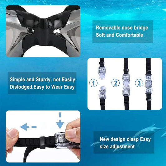 Premium adult swimming goggles with anti-fog lenses, UV protection, and adjustable silicone frame