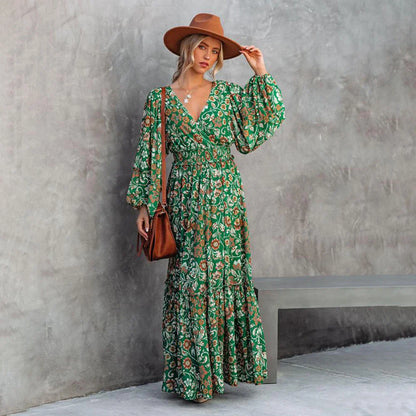A stylish printed lantern sleeve dress with a v-neck and halter design, perfect for elevating your wardrobe.