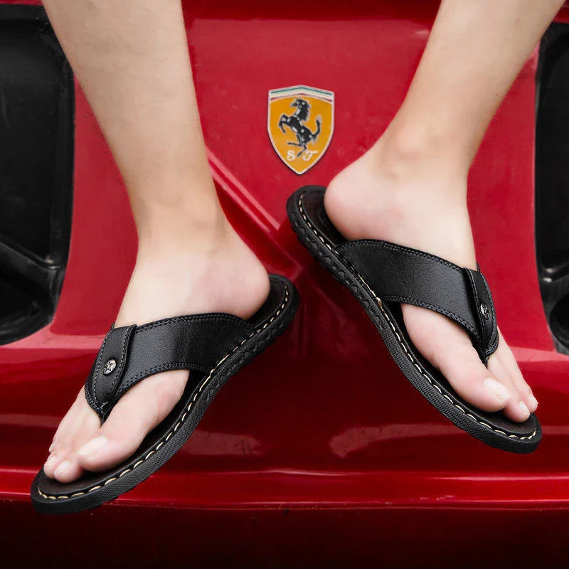 Durable and comfortable men's leather sandals in black, blue, and brown colours for casual wear