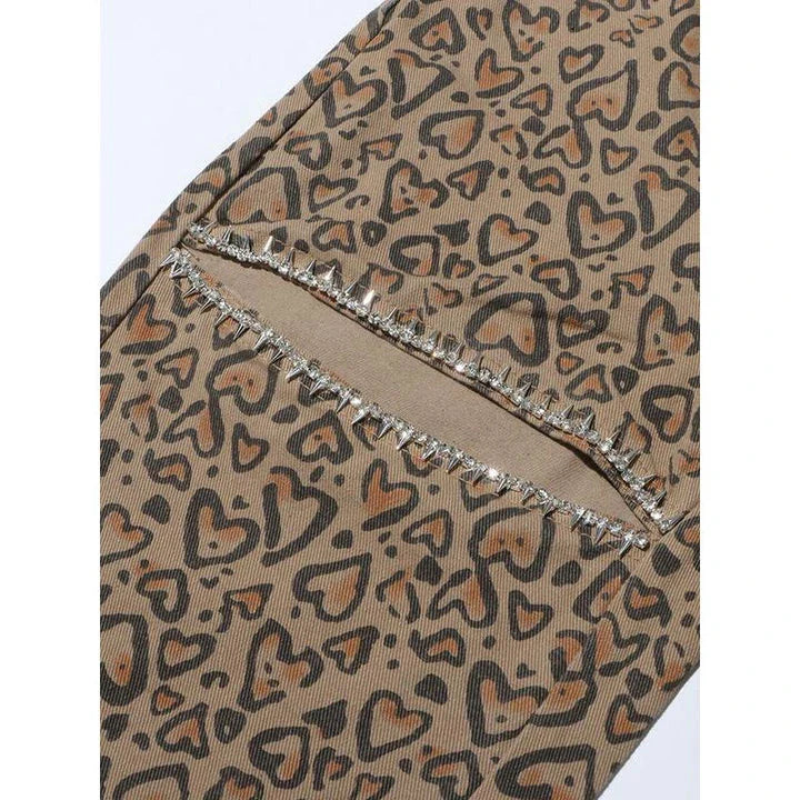Stylish leopard print wide-leg jeans with patchwork design, perfect for fashion-forward women in the UK