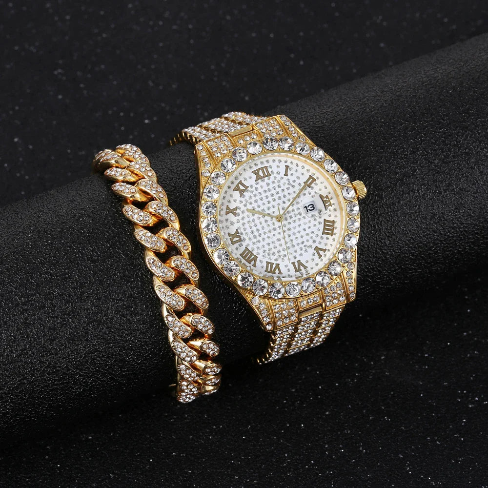 Stylish diamond-encrusted watch with stainless steel chain, available in gold, silver, and rose gold finishes
