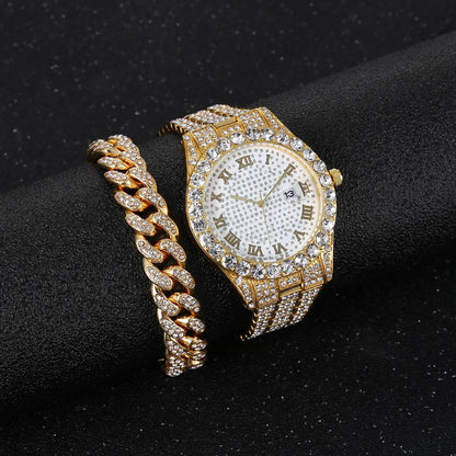 Stylish diamond-encrusted watch with stainless steel chain, available in gold, silver, and rose gold finishes