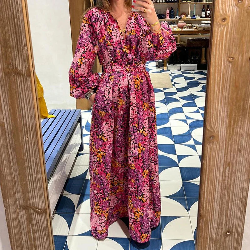 Elegant floral printed midi dress with long sleeves, perfect for UK fashion and style