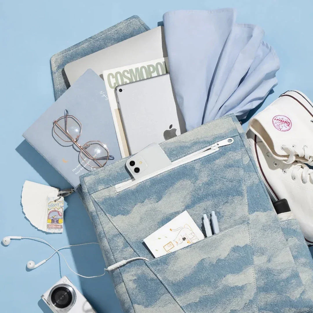Denim Jacquard Backpack with Corrugated Print Pattern and Ample Storage Compartments