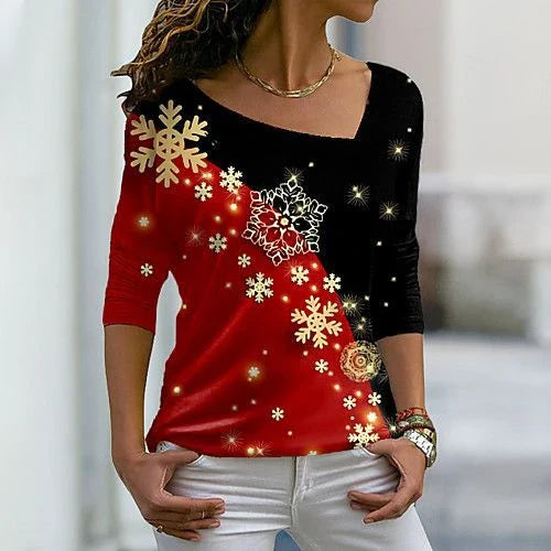 Women's Christmas-themed long sleeve pullover top with diagonal collar and festive print design