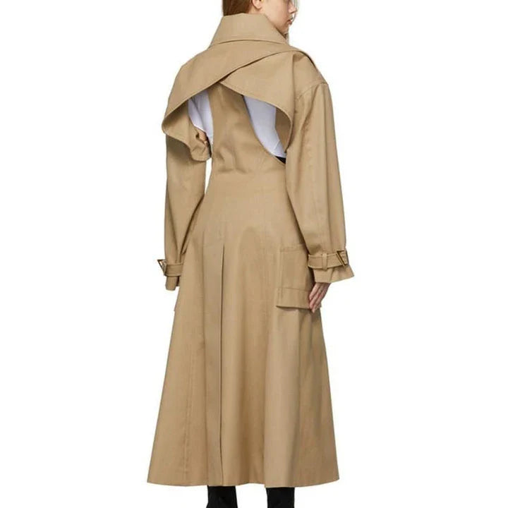 A stylish high-waist hollow-out trench coat in khaki green, designed for the modern British woman's autumn wardrobe.