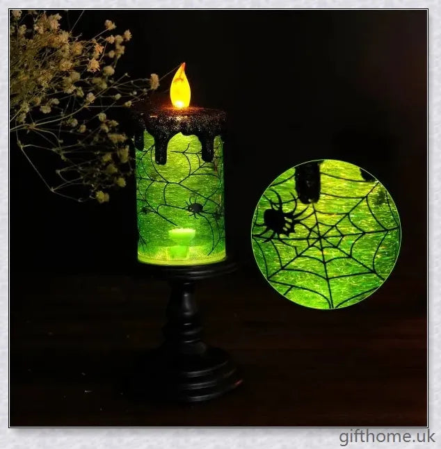 Candlite 10-inch Grand Glittering Halloween LED Candles with intricate designs of spiders, skulls, and other spooky elements