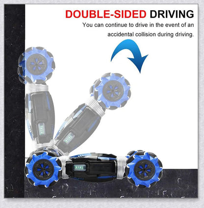 Remote control stunt car with 360-degree rotation, flips, and built-in colourful lights and music for exciting playtime