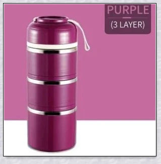 Insulated Hot Food Thermos Lunchbox Tower with multi-layer design and choice of green, pink, blue, or gray colour