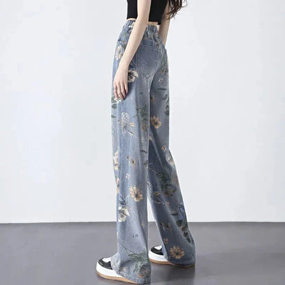 A pair of stylish painted wide-leg jeans in a high-waist design for a slimming and flattering silhouette