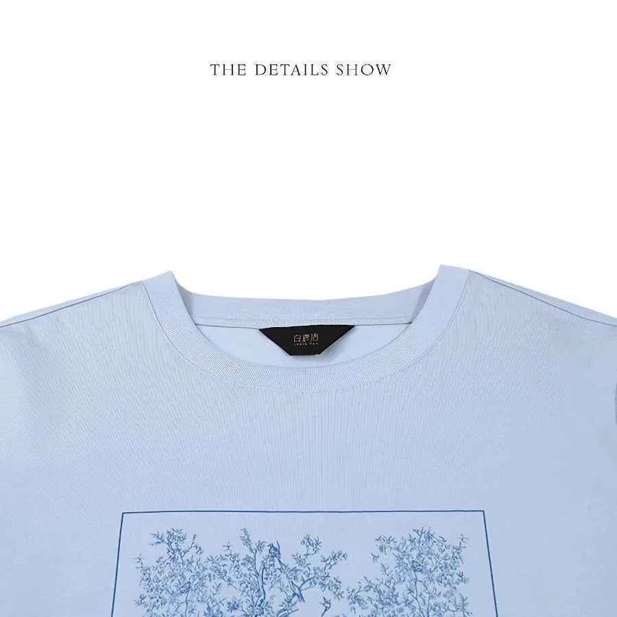 Casual round neck short sleeve women's t-shirt with natural scenery print in a comfortable, stretchy cotton-polyester blend