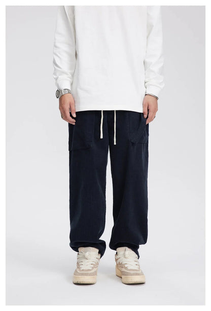 Retro corduroy straight-leg casual trousers for men in khaki and navy blue colours