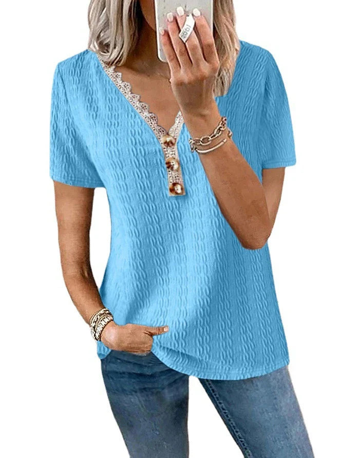 Stylish loose-fit V-neck casual T-shirt with lace detailing and button accents, available in a range of colours