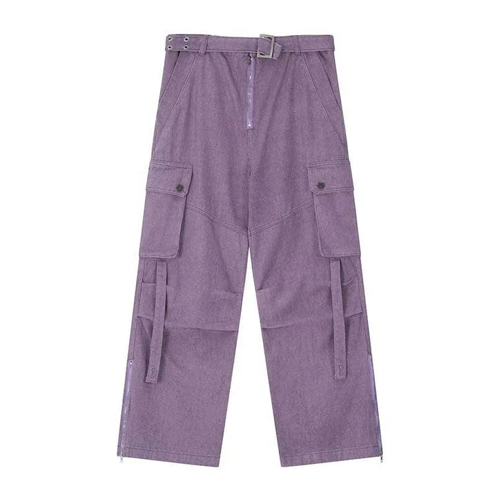 Premium purple streetwear cargo jeans with multiple pockets, wide-leg silhouette, and zippered placket for adjustable fit