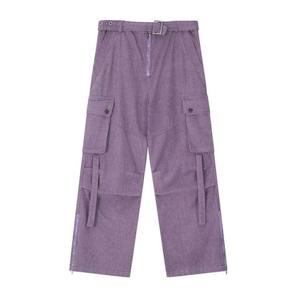 Premium purple streetwear cargo jeans with multiple pockets, wide-leg silhouette, and zippered placket for adjustable fit