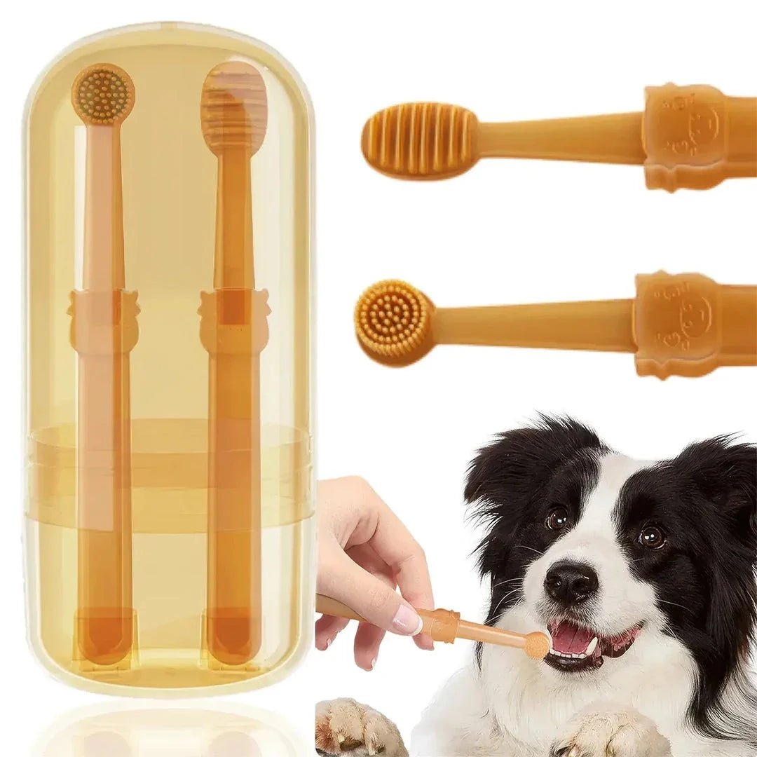 Premium pet dental care kit with dual-sided toothbrush and silicone handle for dogs and cats