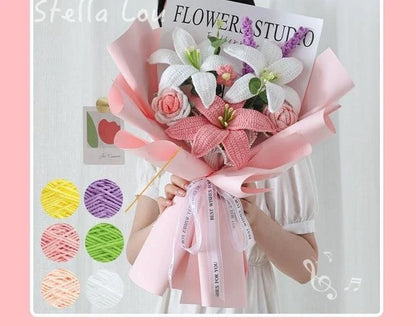Handmade bridal bouquet in elegant crochet and weave with a soft, gentle pink hue
