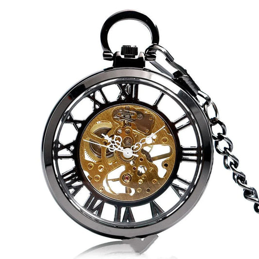 Classic double-sided mechanical pocket watch with transparent cutout design and Roman numeral dial
