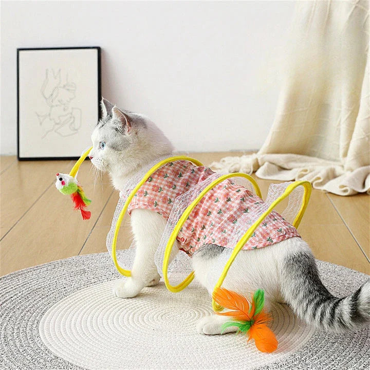 Folding cat play tunnel with various toys like balls, feathers, and mice attached to the sides