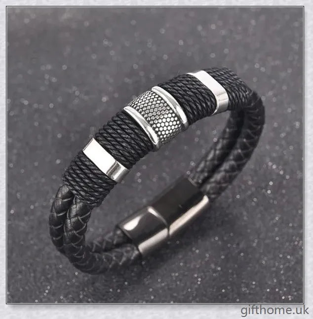 Premium black braided leather and stainless steel men's bracelet with adjustable sizing for a comfortable, custom fit