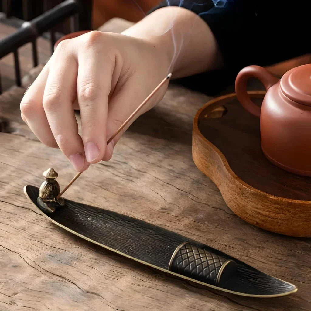 Elegant copper incense holder with Bodhi leaf design for peaceful home decor