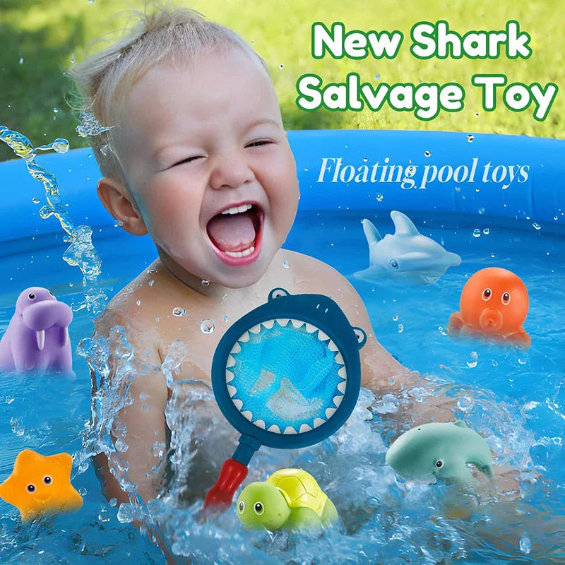 A set of colourful, floating bath toys including a fishing pole and net for interactive play