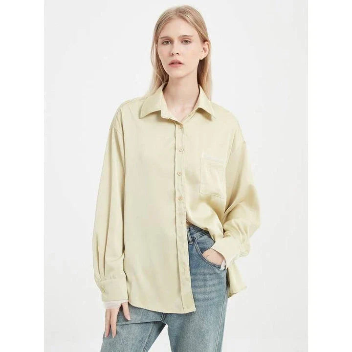 Elegant satin silk long sleeve blouse in black, white, and yellow colours