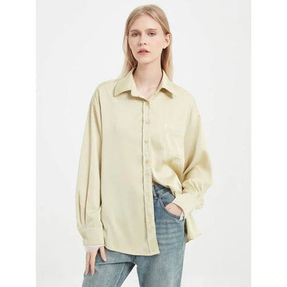 Elegant satin silk long sleeve blouse in black, white, and yellow colours
