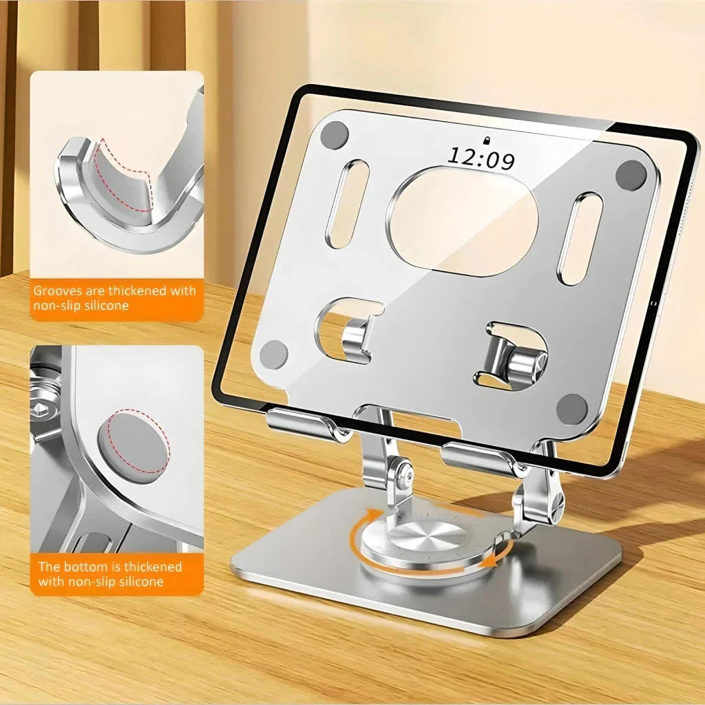 Premium Adjustable 360° Rotating Tablet and Phone Stand made of durable aluminium alloy, foldable for easy travel