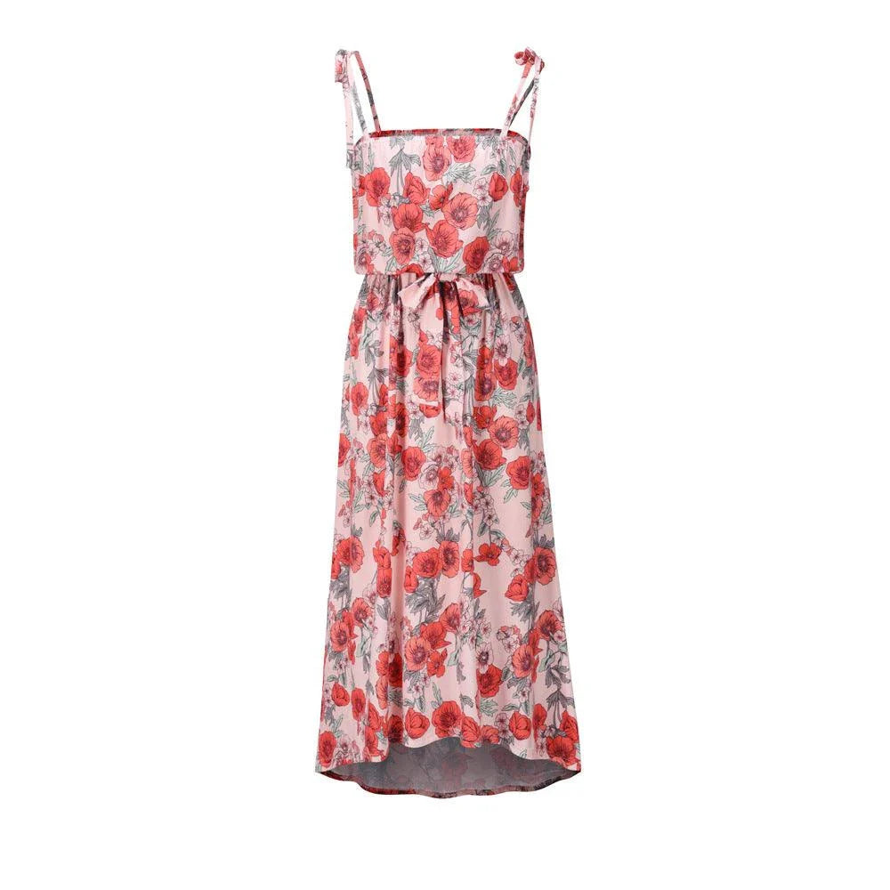 A premium printed camisole dress in a vibrant red colour, featuring a flattering mid-length skirt and high-waist design for a sophisticated, feminine look.