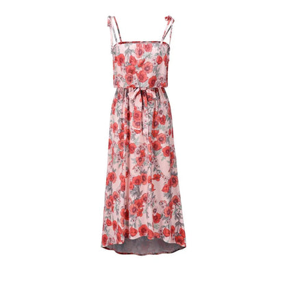 A premium printed camisole dress in a vibrant red colour, featuring a flattering mid-length skirt and high-waist design for a sophisticated, feminine look.