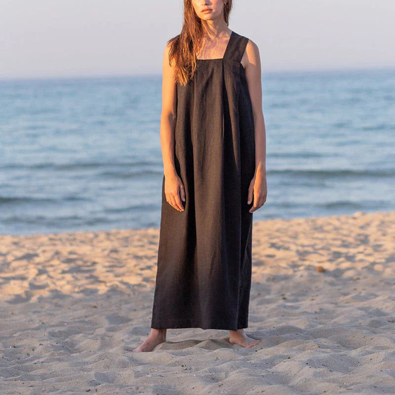 Elegant square collar sleeveless midi sundress in a flowing A-line silhouette, made of breathable cotton-linen blend fabric
